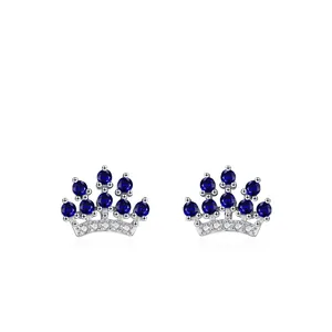 925 Sterling Silver Crown Stud Earrings Blue Zirconia Elegant Micro Inlaid Sapphire Color Earrings For Women Jewelry Gift