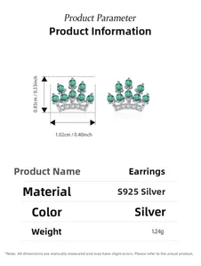 Detailed S925 silver crown stud earrings specifications with green zircon dimensions