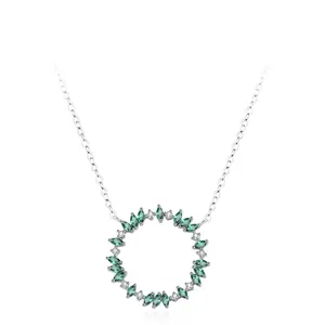 925 Sterling Silver Wreath Pendant Necklace Green Zirconia Forest Style Elegant Jewelry For Women Fashion Neck Chain Daily Party Accessory