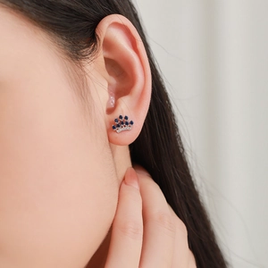 Elegant S925 sterling silver crown stud earrings with blue sapphire and pavé diamonds