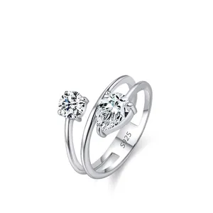 S925 Sterling Silver Double Layer Open Ring Geometric Hollow Zirconia Round Pear Cut Adjustable Ring For Women Jewelry