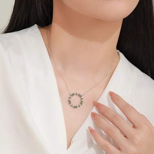 925 Sterling silver leaf wreath necklace with green marquise gems and diamonds