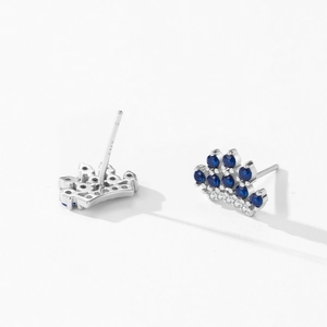 Elegant S925 sterling silver crown stud earrings with blue zircon and micro-pave diamonds