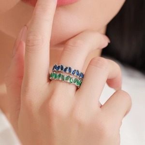 925 silver rings with marquise-cut blue and green stones in a luxury stacked set
