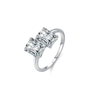 Luxurious 925 sterling silver ring with two rectangle-cut sparkling zircon stones