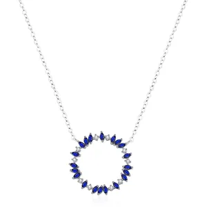 Élégant Collier Pendentif Rond Creux en Argent Sterling 925 pour Femmes Zirconia Bleu Incrusté Fleur Bijoux de Mode Géométrique