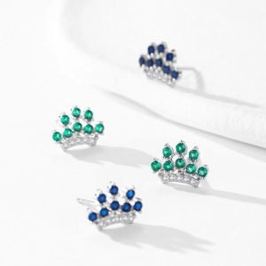 Elegant 925 sterling silver crown stud earrings with green and blue zircon gemstones