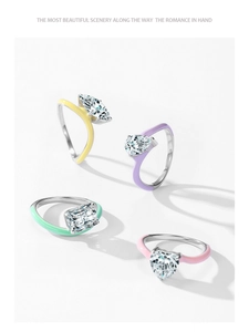 Macro shot of 925 sterling silver colorful enamel rings with luxury cubic zirconia stones