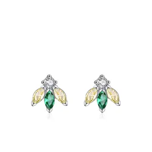 Boucles d'Oreilles Clous Petite Abeille en Argent Sterling 925 pour Femmes Petite Feuille Marquise Zirconia Coloré Incrusté Bijoux Cadeau