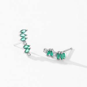 Orecchini curvi in argento S925 con gemme verdi marquise e brillanti diamanti bianchi