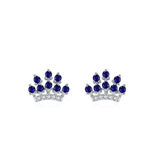 Elegant S925 sterling silver crown stud earrings with blue sapphire and pavé zircon stones