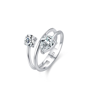 S925 sterling silver open ring with round and pear-shaped stones on white background