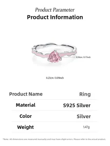 Detailed macro shot of 925 sterling silver ring featuring a pink heart stone and sizing info