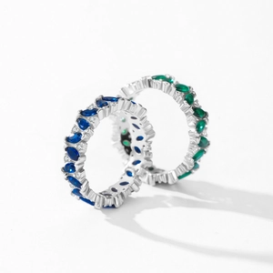 925 sterling silver marquise cut blue gemstone eternity ring with white diamond accents