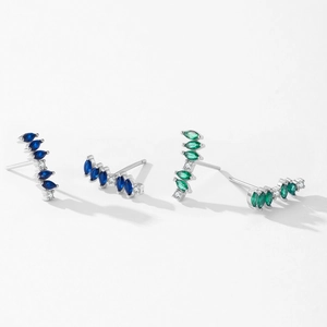 Elegant S925 sterling silver curved emerald green and deep blue gem stud earrings