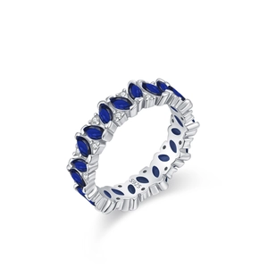 S925 sterling silver ring with marquise-cut blue stones and white cubic zirconia