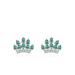 925 Sterling Silver Crown Stud Earrings For Women Vintage Green Zirconia Rhinestone Luxury Jewelry Gift