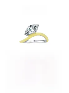 Macro view of S925 sterling silver ring with marquise cut stone and yellow enamel