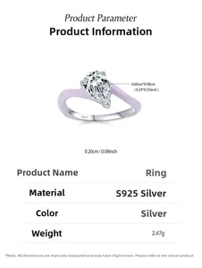 Detailed spec sheet for S925 silver pear-cut zircon ring with light purple enamel band