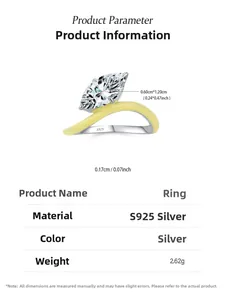 Detailed specs of marquise cut ring with S925 silver stamp and yellow enamel detail