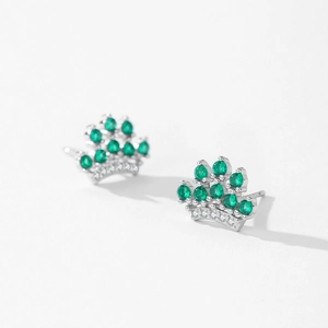 Vintage 925 sterling silver crown stud earrings with green zircon and clear diamonds