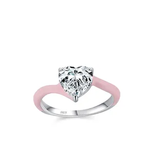 Bague Cœur Rose en Argent Sterling S925 pour Femme Doux Mignon Émail Incrusté Zirconia Romantique Forme de Cœur Bijoux Bague