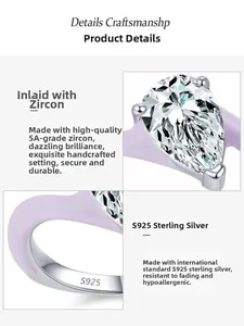 Macro detail of S925 sterling silver ring showing pear-cut zircon and purple enamel finish