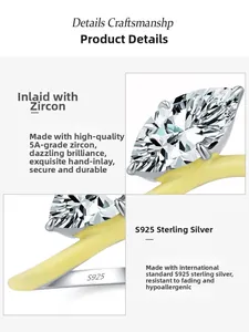 Detail of marquise-cut 5A zircon and S925 sterling silver stamp on yellow enamel ring