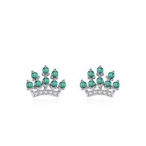 925 silver crown stud earrings with emerald green zircon and white crystal accents