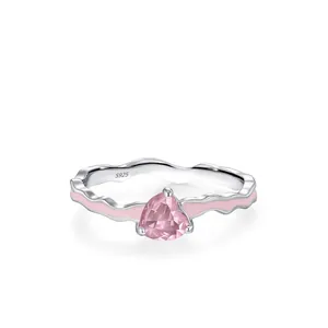 925 Sterling Silver Pink Heart Zirconia Enamel Ring For Women Sweet Romantic Wave Band Fashion Jewelry Finger Ring Gift