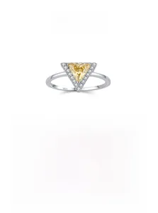 Macro detail of S925 silver ring featuring a triangle yellow stone and S925 hallmark