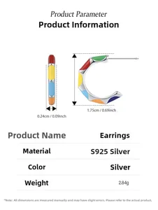 Detailed size specifications for multi-color enamel C-shape 925 silver hoop earrings