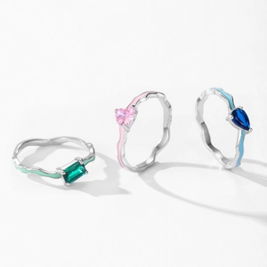 925 sterling silver wavy rings with colorful gemstone inlays and enamel detailings