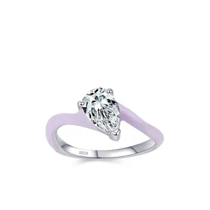 925 Sterling Silver Teardrop Zirconia Ring Elegant Purple Enamel Wave Band Light Luxury Fashion Jewelry Finger Ring For Women Wedding Gift