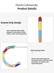 Detailed view of colorful enamel dripping oil patterns on S925 sterling silver C-hoop earrings