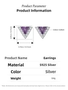 Détails des boucles d'oreilles triangle en zircon violet avec dimensions en argent S925
