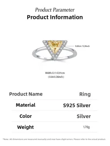 Detail of S925 sterling silver ring with triangular yellow gemstone and side diamonds