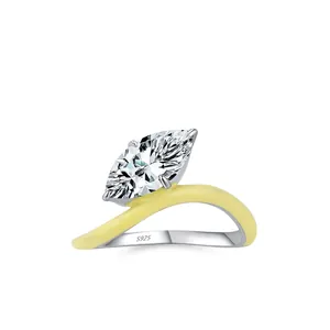 925 Sterling Silver Marquise Cut Zirconia Ring For Women Yellow Enamel Inlaid Engagement Wedding Jewelry Fashion Ring
