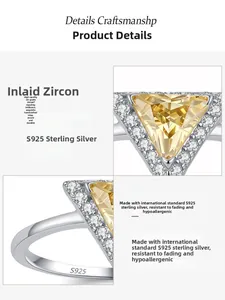 Macro view of S925 sterling silver ring with yellow triangular zircon and hallmarks