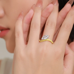 Marquise cut sparkling ring with yellow wavy enamel band and luxury 925 silver finish