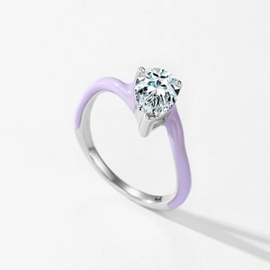 Elegant 925 silver ring with pear-cut zircon and light purple enamel wavy design