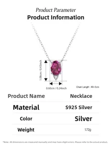 Detailed size specifications for S925 silver necklace with red zircon pendant