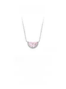 Detailed close-up of a silver S925 necklace featuring a pink half-moon zircon pendant