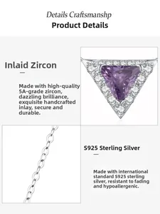 Vue détaillée du collier en argent S925 avec pierre triangle en zircone violette 5A