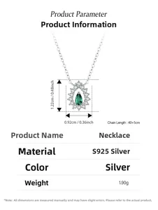 Vue détaillée du collier S925 en argent et zircon émeraude avec dimensions précises