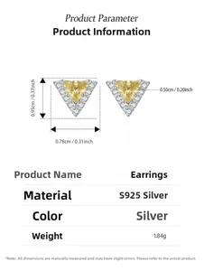 Detailed size specifications for triangular S925 silver stud earrings with yellow stone