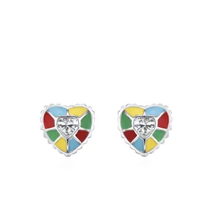 Boucles d'Oreilles Clous en Argent Sterling 925 Cœur en Émail Coloré Pour Femme Zirconia Brillant Bijoux de Mode Douce