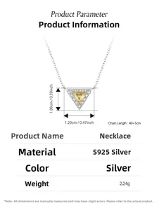 Macro detail of S925 silver triangle necklace with yellow gemstone and chain specifications