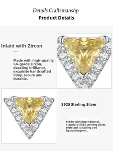 Macro detail of S925 sterling silver triangle stud earring with 5A yellow zircon stones
