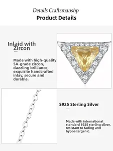 Detailed close-up of S925 silver necklace with triangle yellow zircon and fine pavé setting